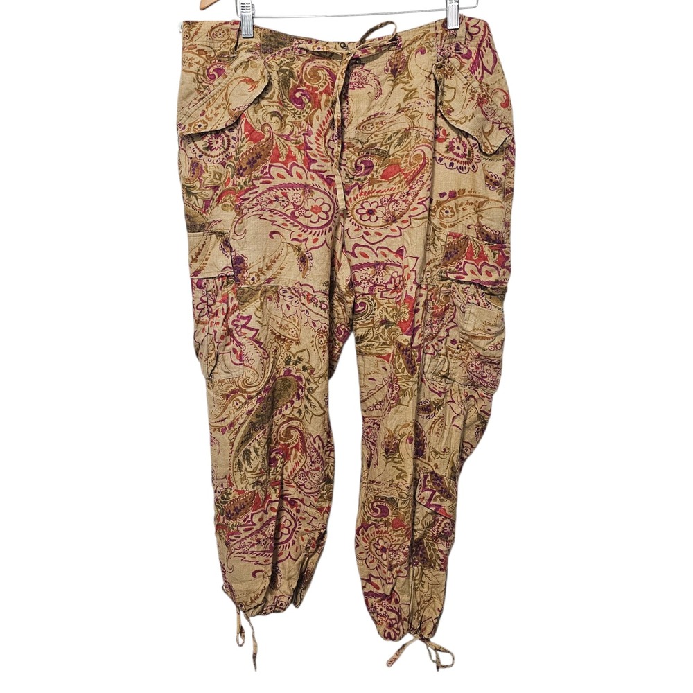 Lauren Ralph Lauren 16 Tan Paisley Print Linen Cargo Pants‎ Artsy Boho Preppy